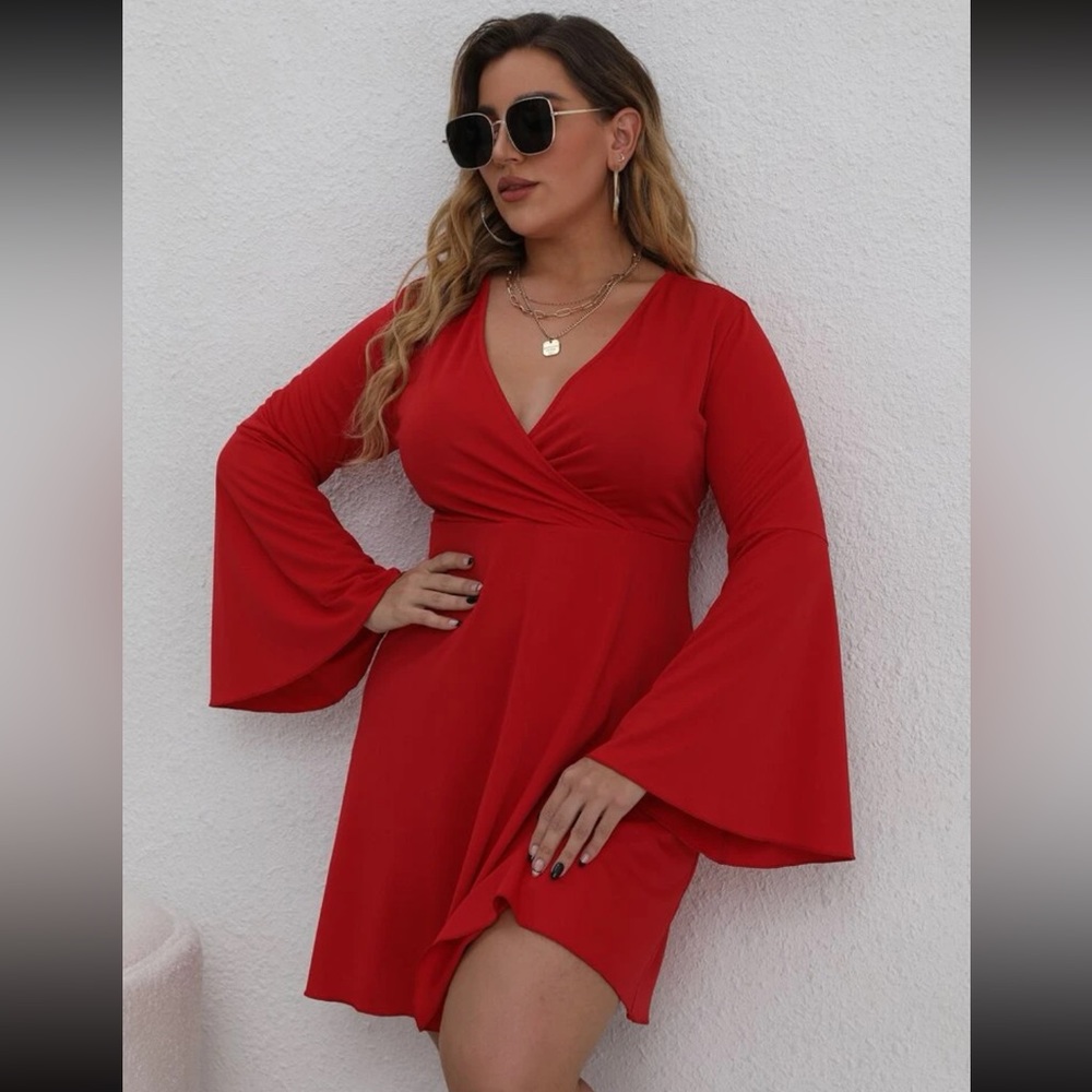 SHEIN Plus Deep V-neck Surplice Front Flounce Sleeve Dress